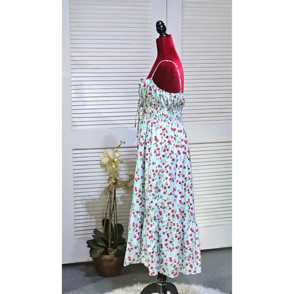 AQUA Women's Cherry Print Spaghetti Straps  Tiered Skirt Midi Dress Size L 2801 - Picture 4 of 11